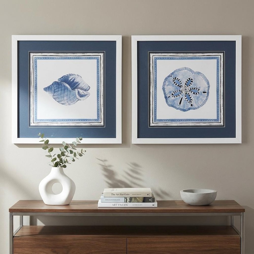 Set Of Two 17" x 17" Shell And Sand Dollar Blues White Framed Wall Art