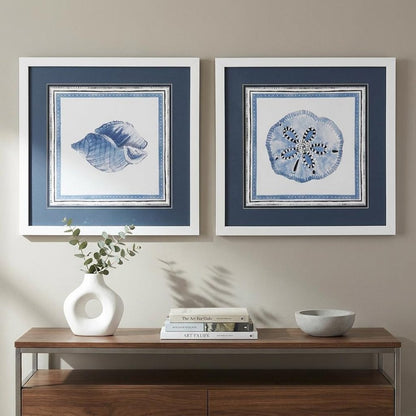 Set Of Two 17" x 17" Shell And Sand Dollar Blues White Framed Wall Art