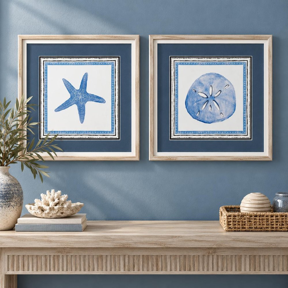 Set Of Two 17" x 17" Starfish Sand Dollar Blues White Framed Wall Art — view 9