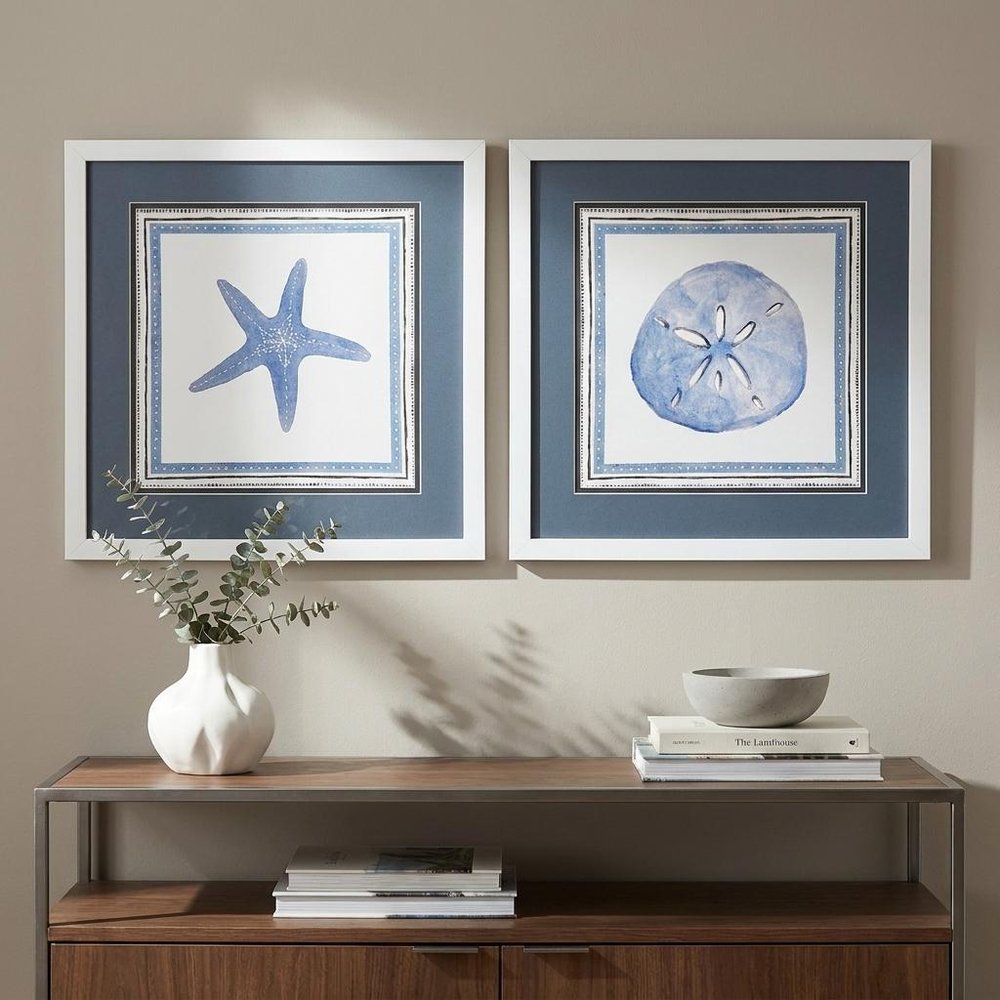 Set Of Two 17" x 17" Starfish Sand Dollar Blues White Framed Wall Art — view 8