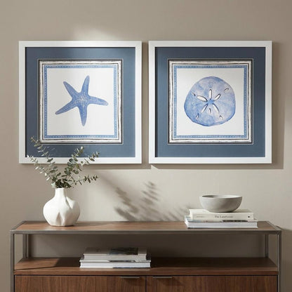 Set Of Two 17" x 17" Starfish Sand Dollar Blues White Framed Wall Art