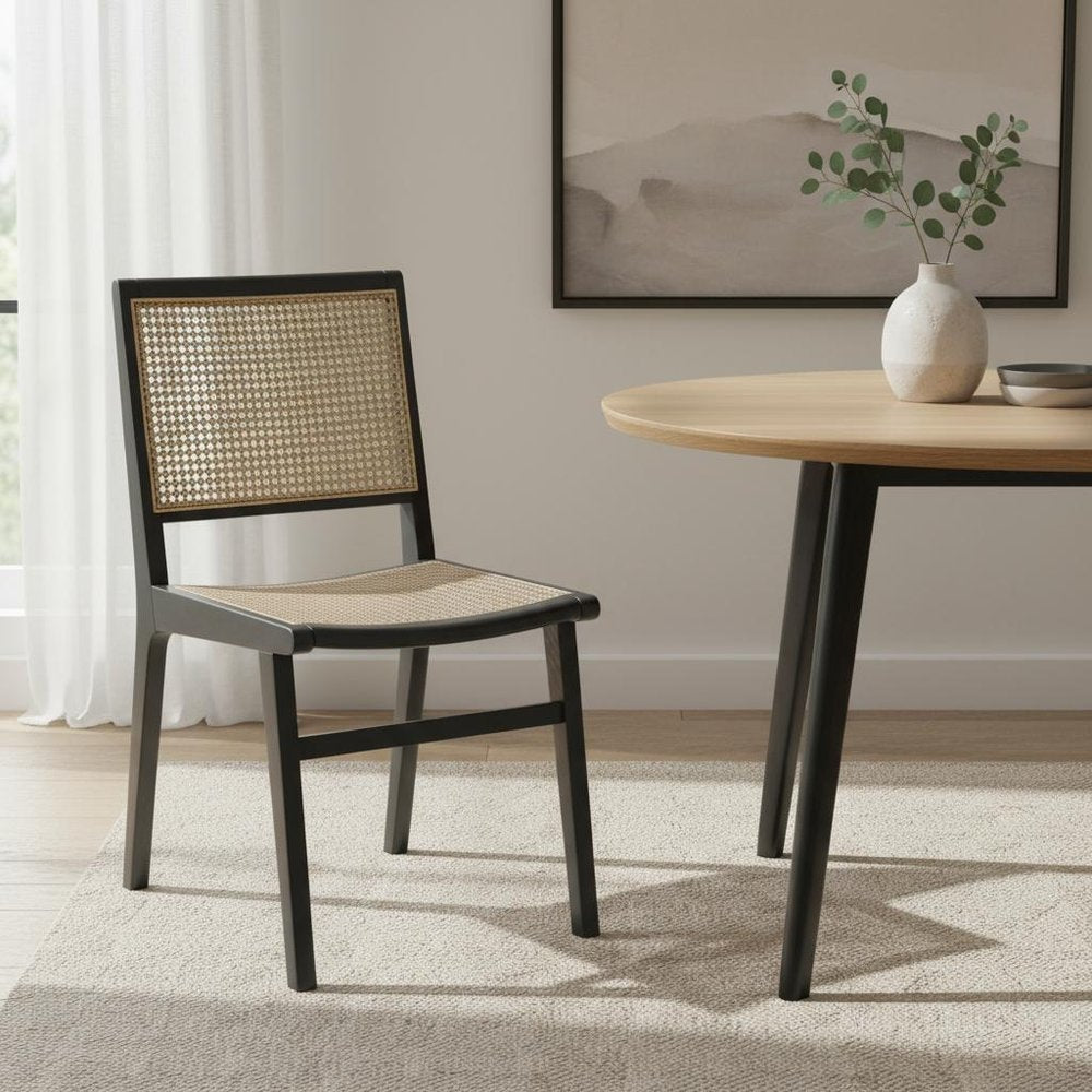 Natural and Black Solid Wood and Cane Partially Open Back Dining Side Chair HomeRoots