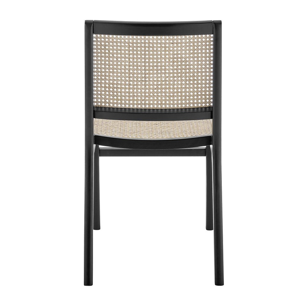 Natural and Black Solid Wood and Cane Partially Open Back Dining Side Chair HomeRoots