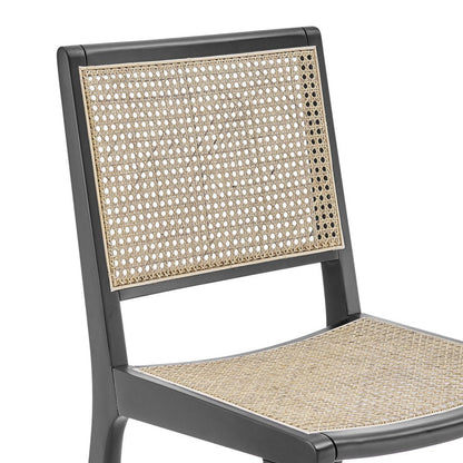 Natural and Black Solid Wood and Cane Partially Open Back Dining Side Chair HomeRoots