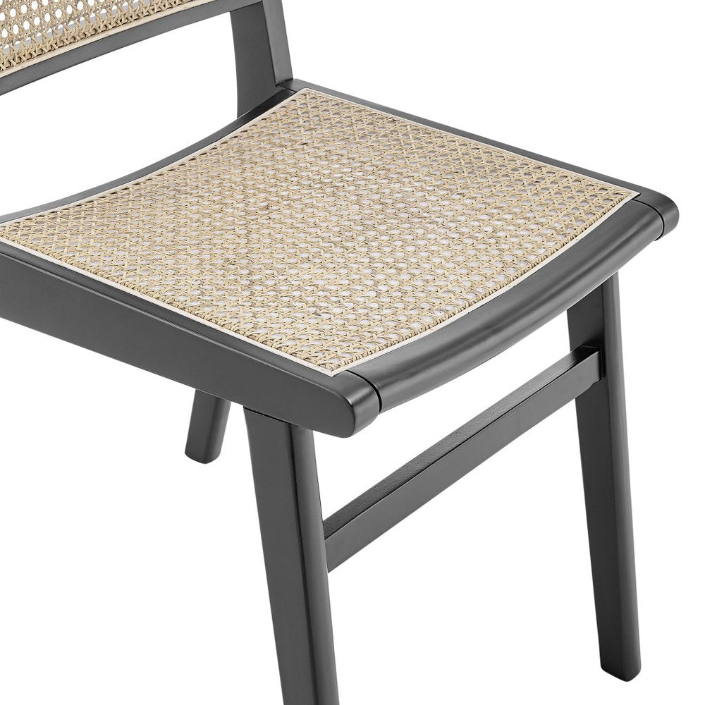 Natural and Black Solid Wood and Cane Partially Open Back Dining Side Chair HomeRoots