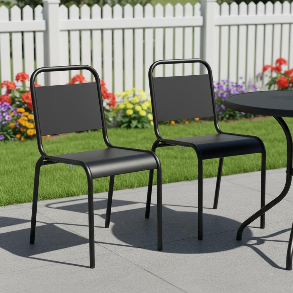Set of Two Black Aluminum Outdoor Stacking Dining Chairs HomeRoots
