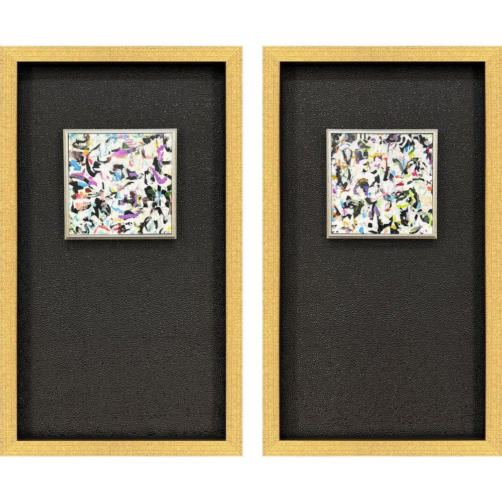 Set Of Two Multi Color Modern Abstract Gold Framed Wall Art
