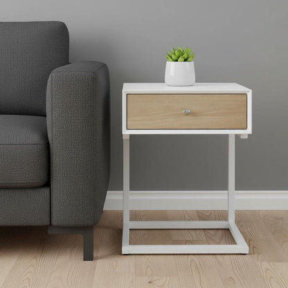 25" White and Natural Wood and Steel End Table With Drawer And USB Port HomeRoots