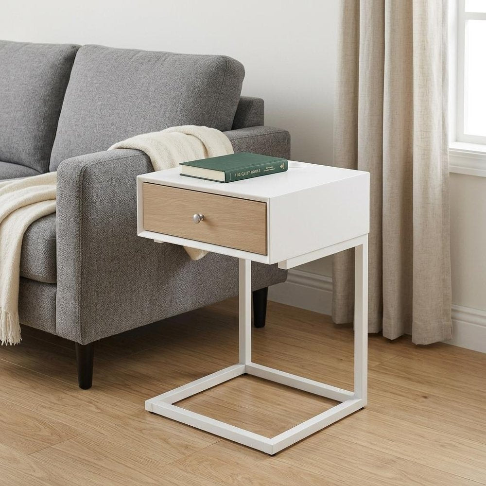 25" White and Natural Wood and Steel End Table With Drawer And USB Port HomeRoots