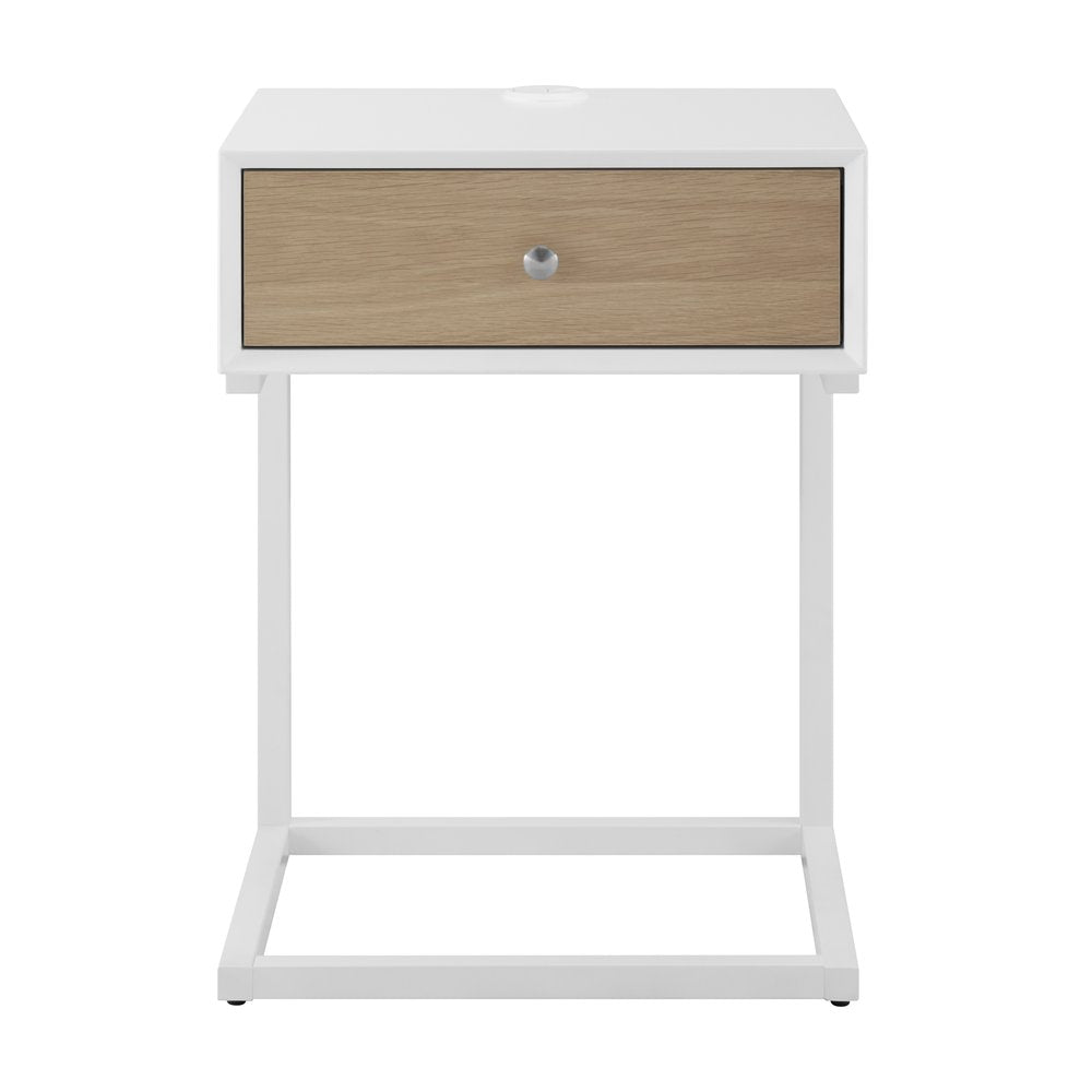 25" White and Natural Wood and Steel End Table With Drawer And USB Port HomeRoots