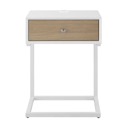 25" White and Natural Wood and Steel End Table With Drawer And USB Port HomeRoots