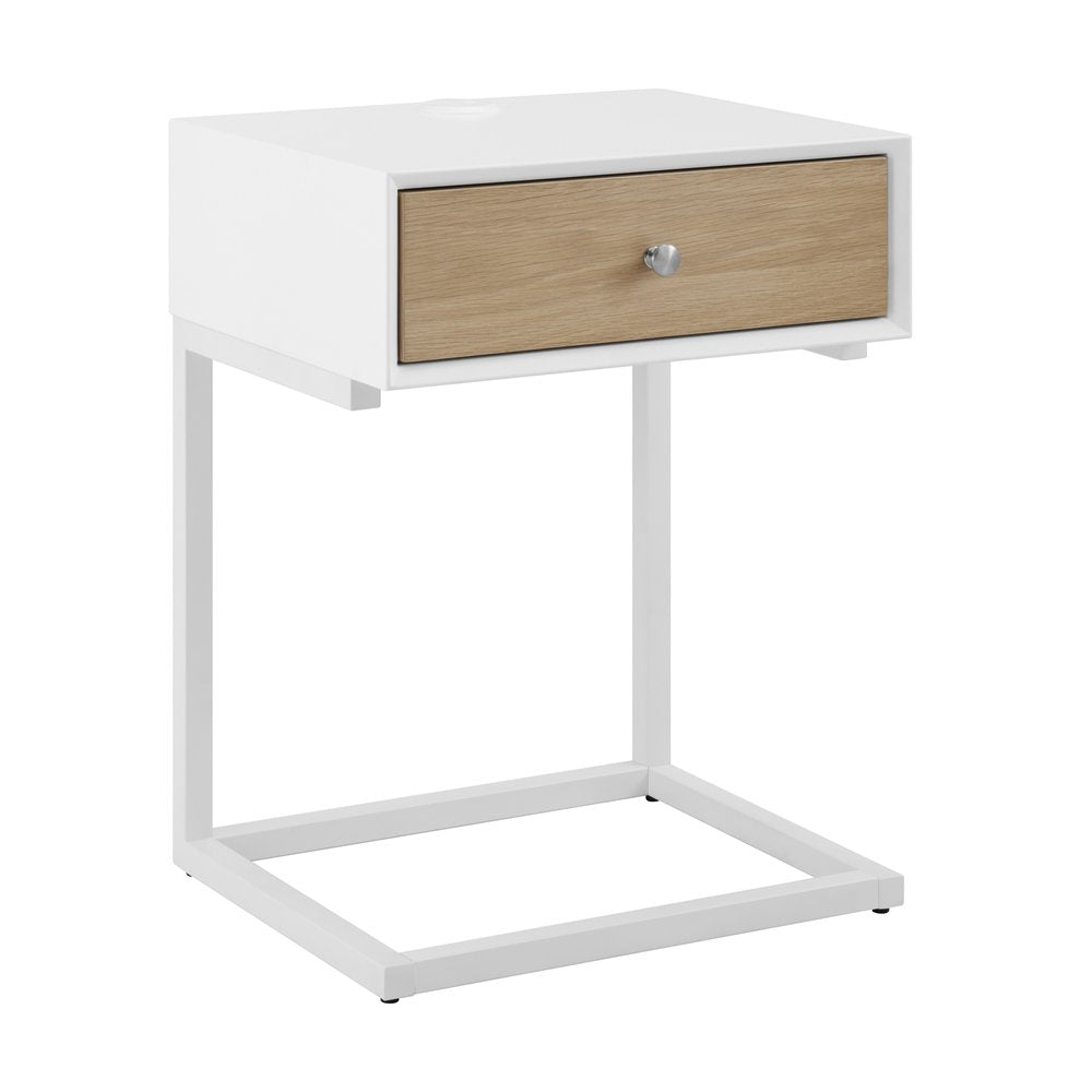 25" White and Natural Wood and Steel End Table With Drawer And USB Port HomeRoots