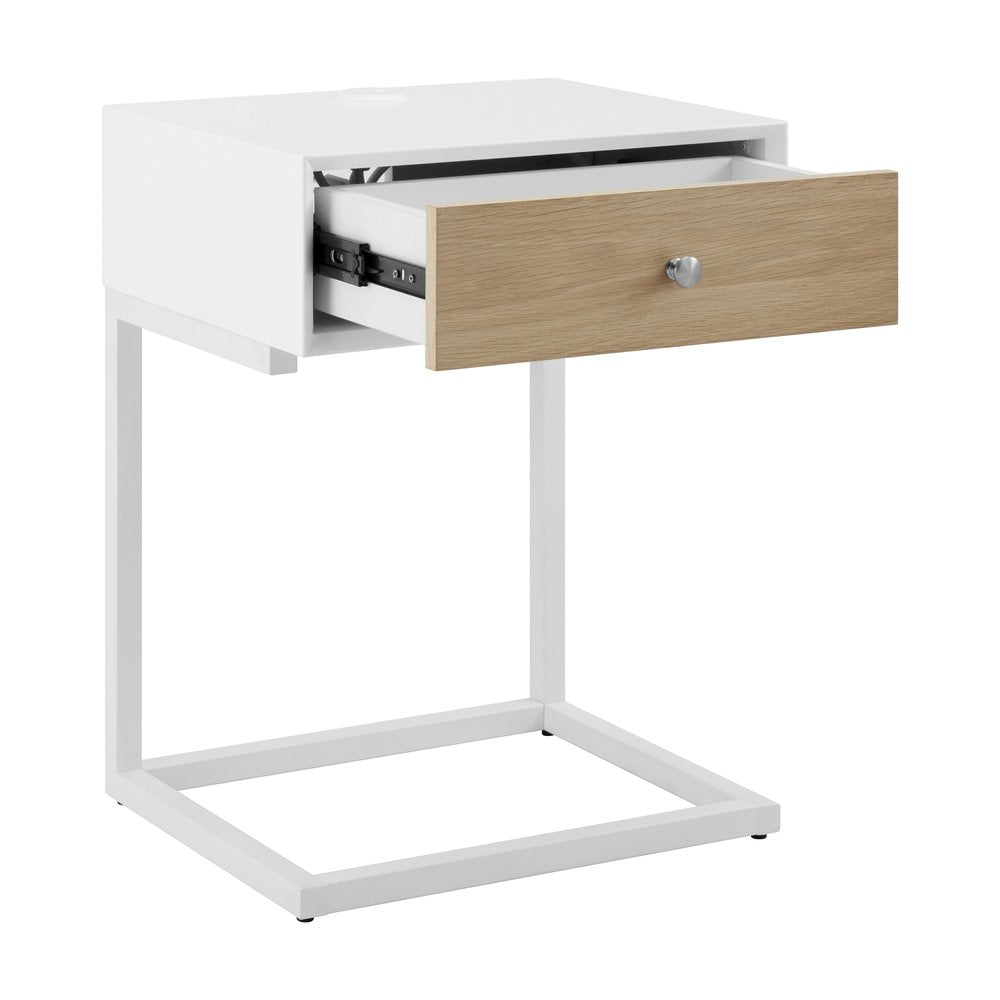 25" White and Natural Wood and Steel End Table With Drawer And USB Port HomeRoots