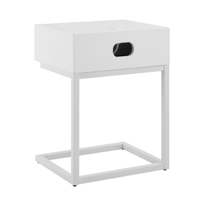 25" White and Natural Wood and Steel End Table With Drawer And USB Port HomeRoots