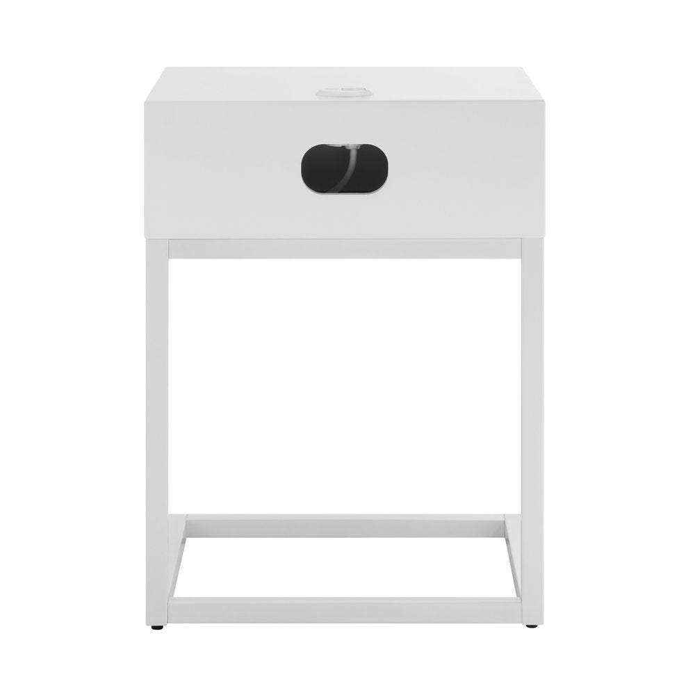 25" White and Natural Wood and Steel End Table With Drawer And USB Port HomeRoots