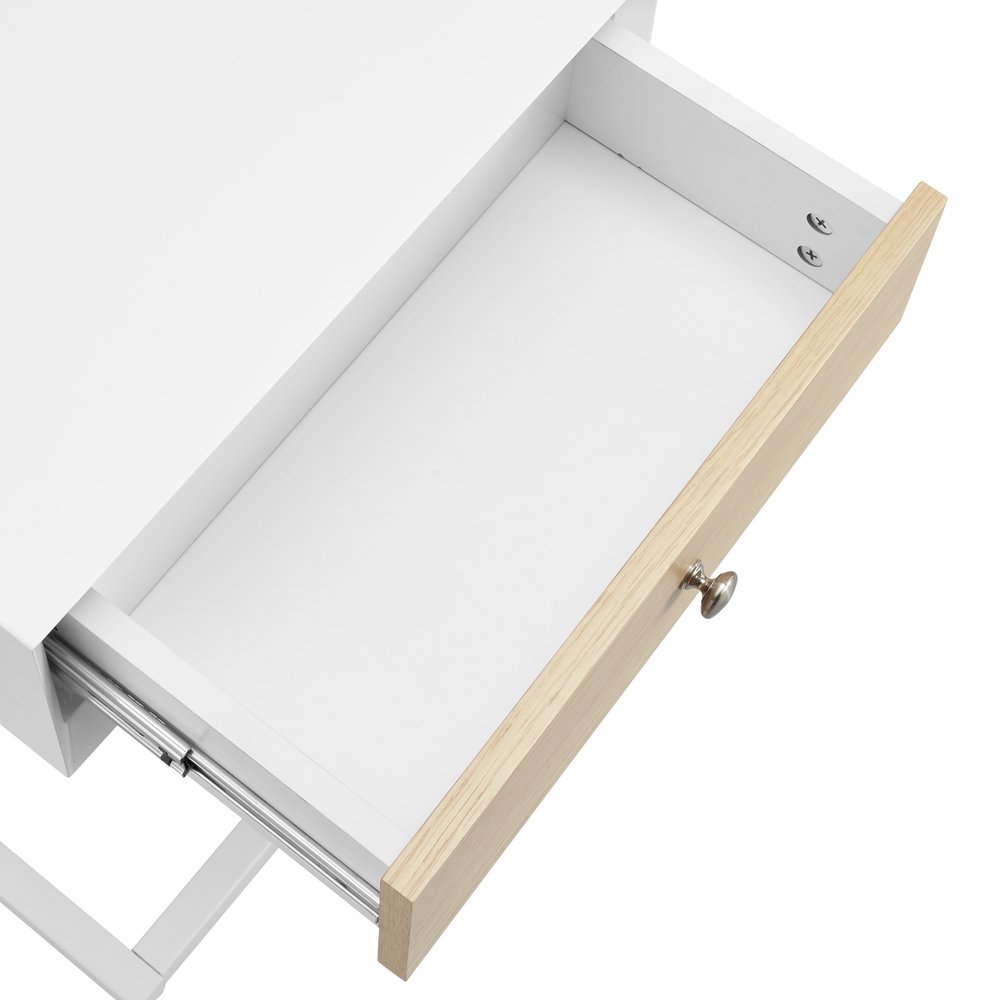 25" White and Natural Wood and Steel End Table With Drawer And USB Port HomeRoots