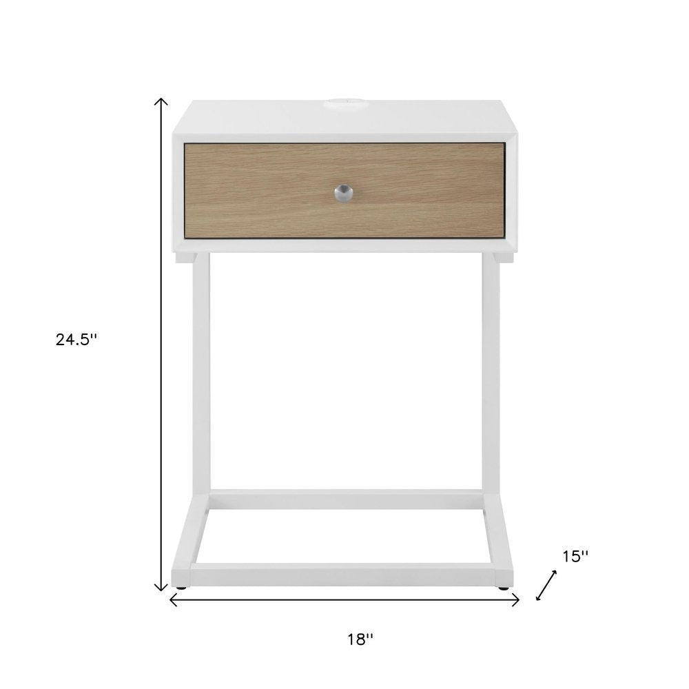 25" White and Natural Wood and Steel End Table With Drawer And USB Port HomeRoots