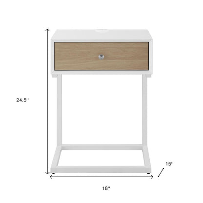 25" White and Natural Wood and Steel End Table With Drawer And USB Port HomeRoots