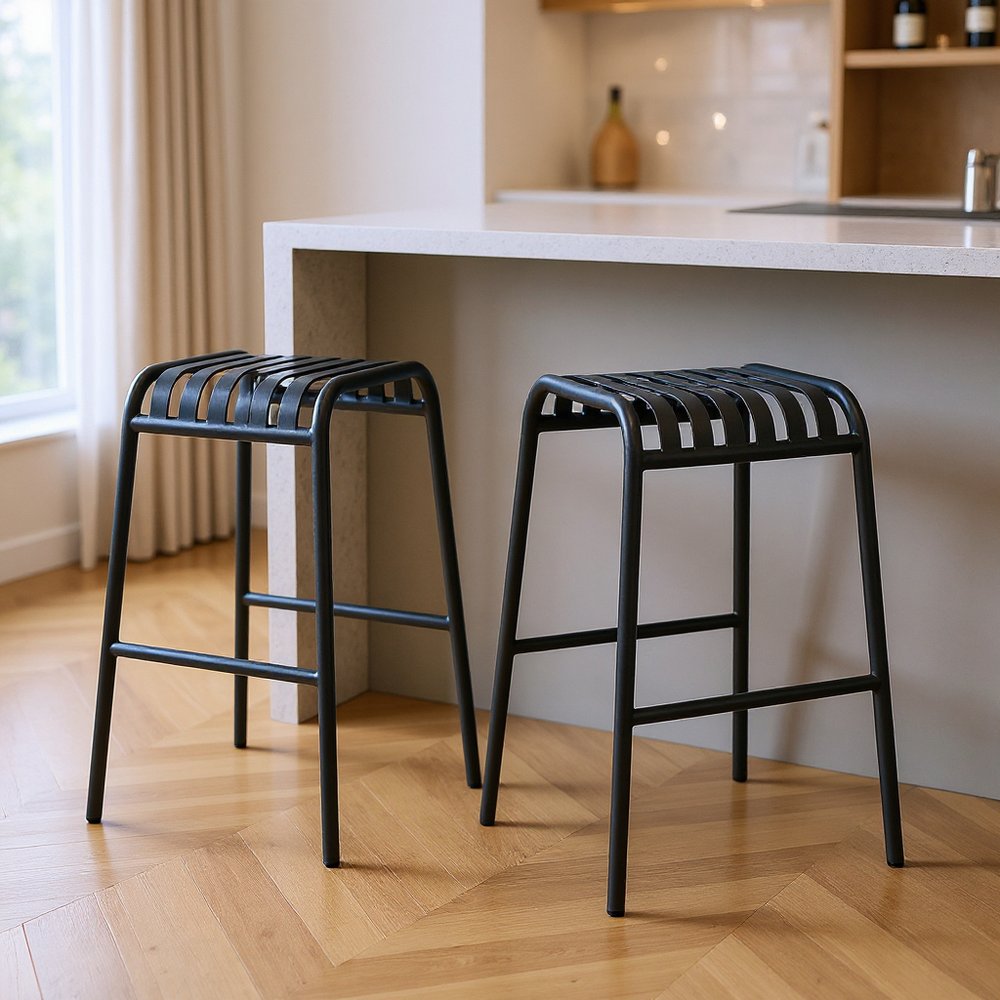 Set of Two 30" Dark Blue Steel Backless Bar Height Bar Chairs HomeRoots