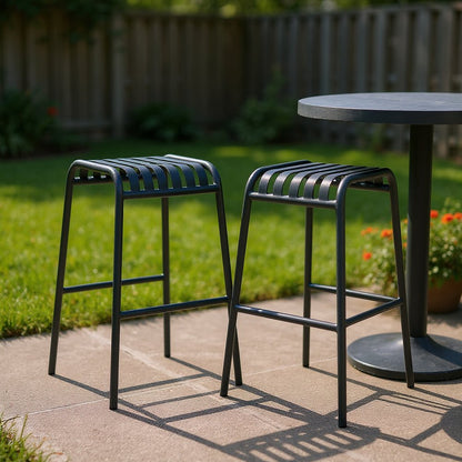 Set of Two 30" Dark Blue Steel Backless Bar Height Bar Chairs HomeRoots