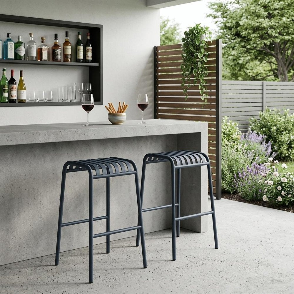 Set of Two 30" Dark Blue Steel Backless Bar Height Bar Chairs HomeRoots