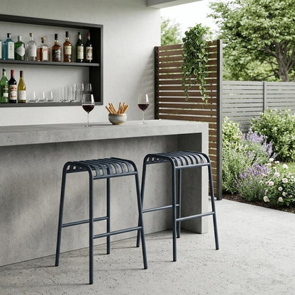 Set of Two 30" Dark Blue Steel Backless Bar Height Bar Chairs HomeRoots