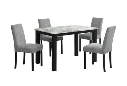 Five Piece White and Black Faux Marble Dining Set with Four Chairs
