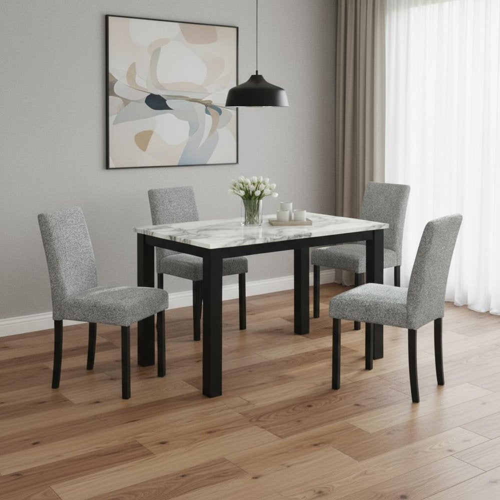 Five Piece White and Black Faux Marble Dining Set with Four Chairs — view 8