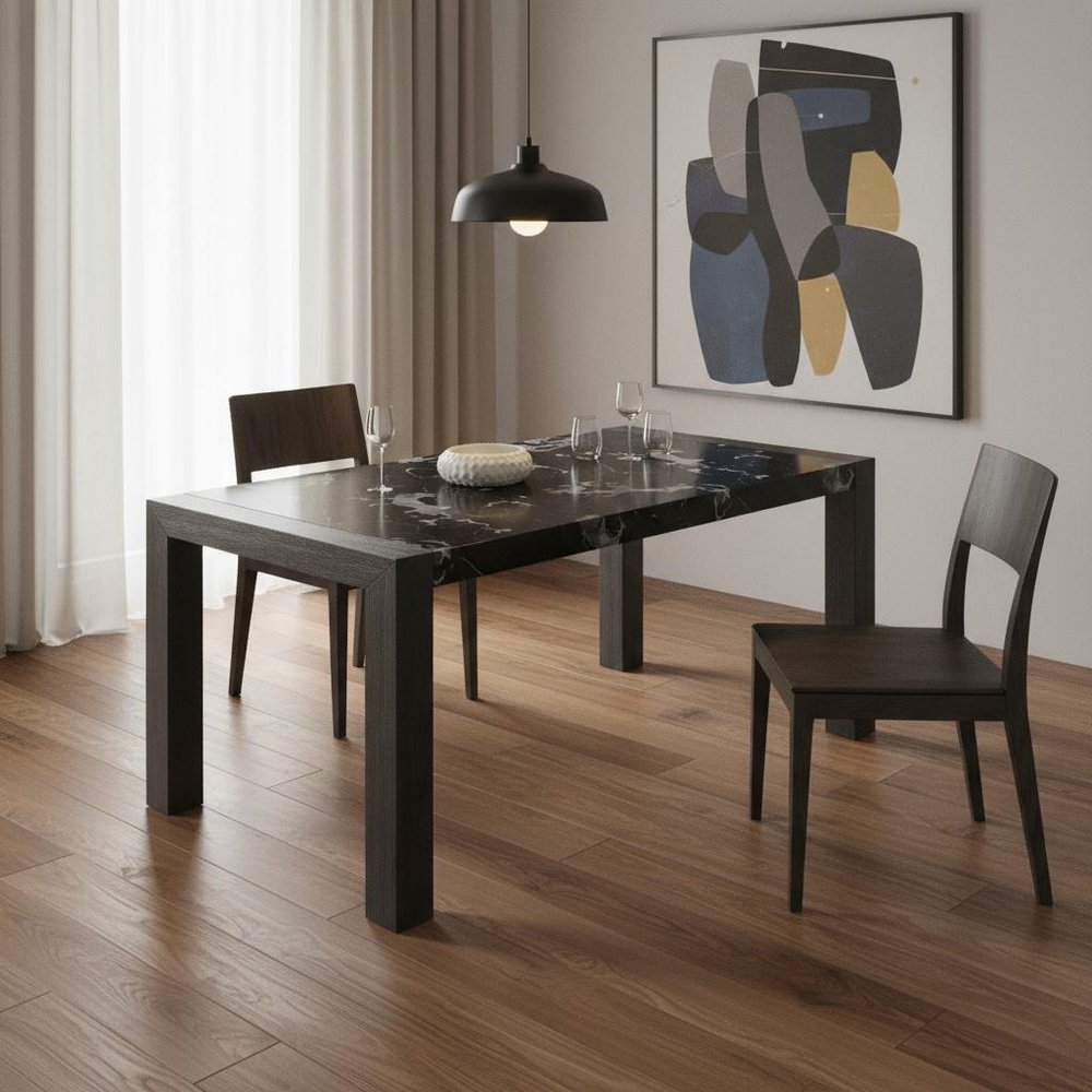 68" Black Faux Marble and Wood Dining Table HomeRoots
