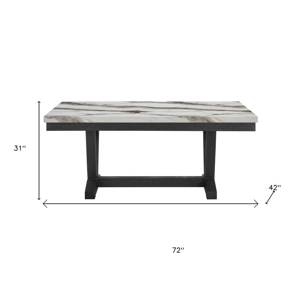 72" White and Black Faux Marble and Wood Trestle Base Dining Table HomeRoots