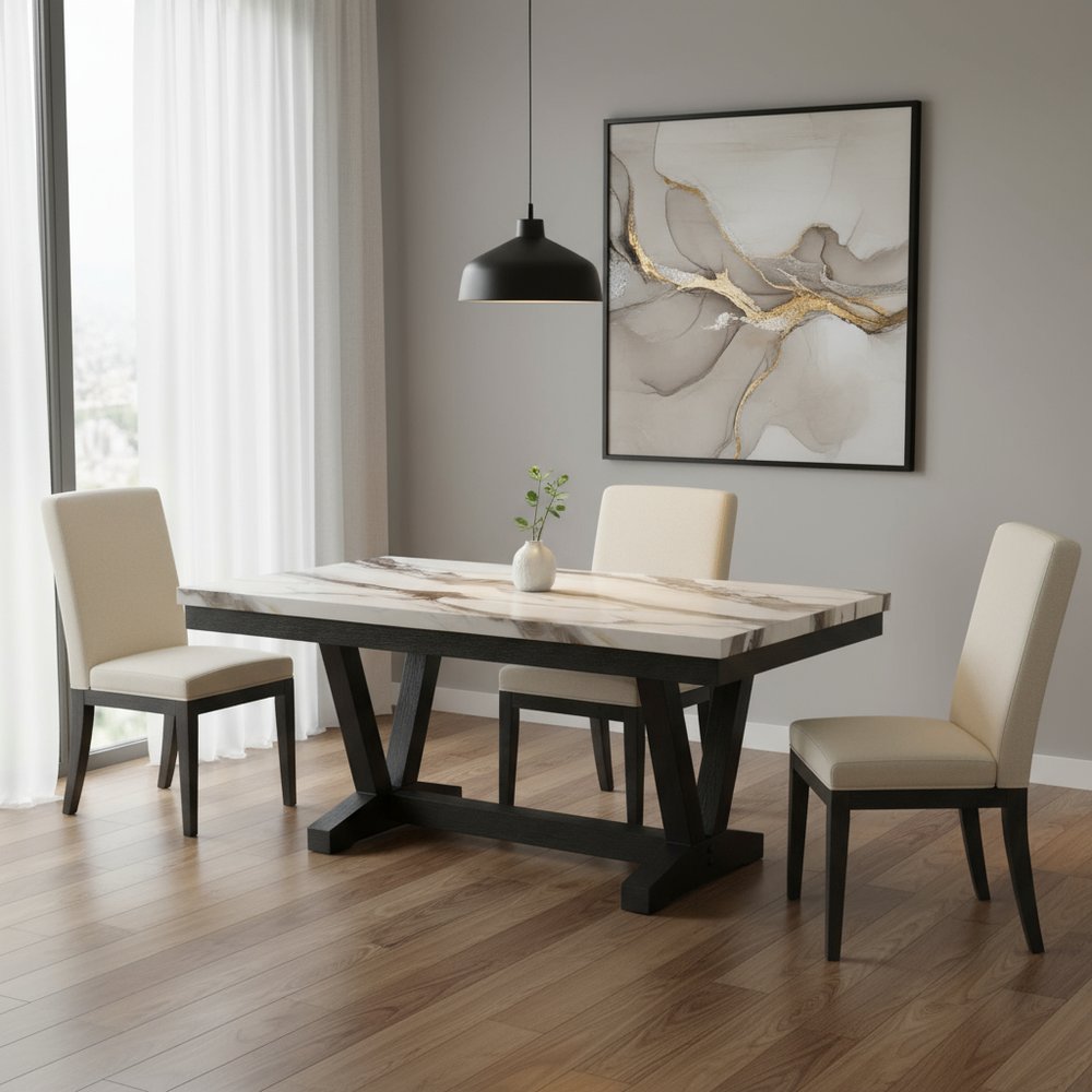 72" White and Black Faux Marble and Wood Trestle Base Dining Table HomeRoots