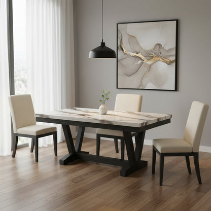 72" White and Black Faux Marble and Wood Trestle Base Dining Table HomeRoots