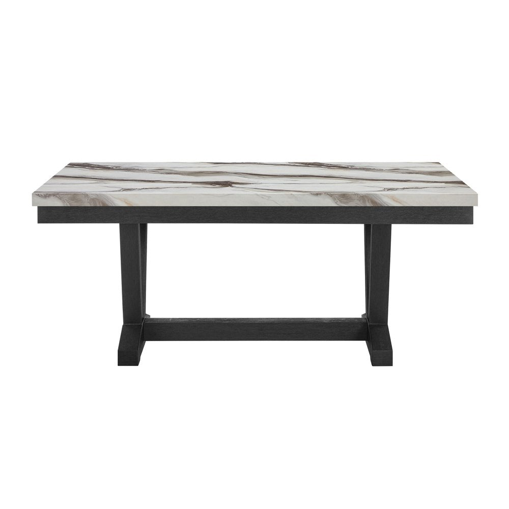 72" White and Black Faux Marble and Wood Trestle Base Dining Table HomeRoots