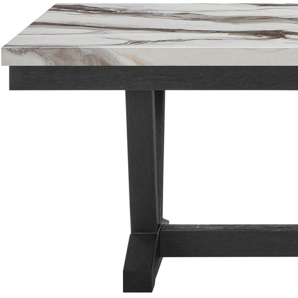 72" White and Black Faux Marble and Wood Trestle Base Dining Table HomeRoots