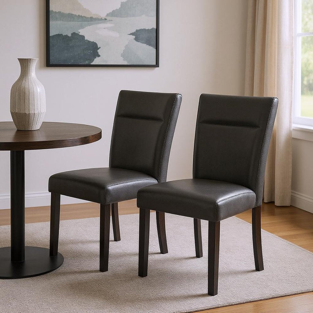 Set of Two Charcoal and Black Faux Leather And Wood Dining Side Chairs HomeRoots