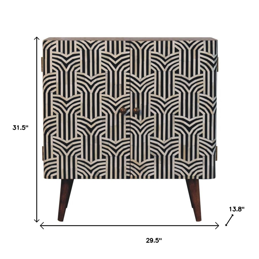 32" Brown Black and White Solid Wood And Inlaid Bone Textured Accent Cabinet With Two Doors - FurniFindUSA