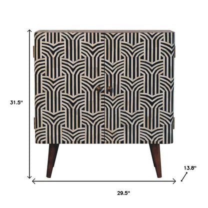 32" Brown Black and White Solid Wood And Inlaid Bone Textured Accent Cabinet With Two Doors - FurniFindUSA