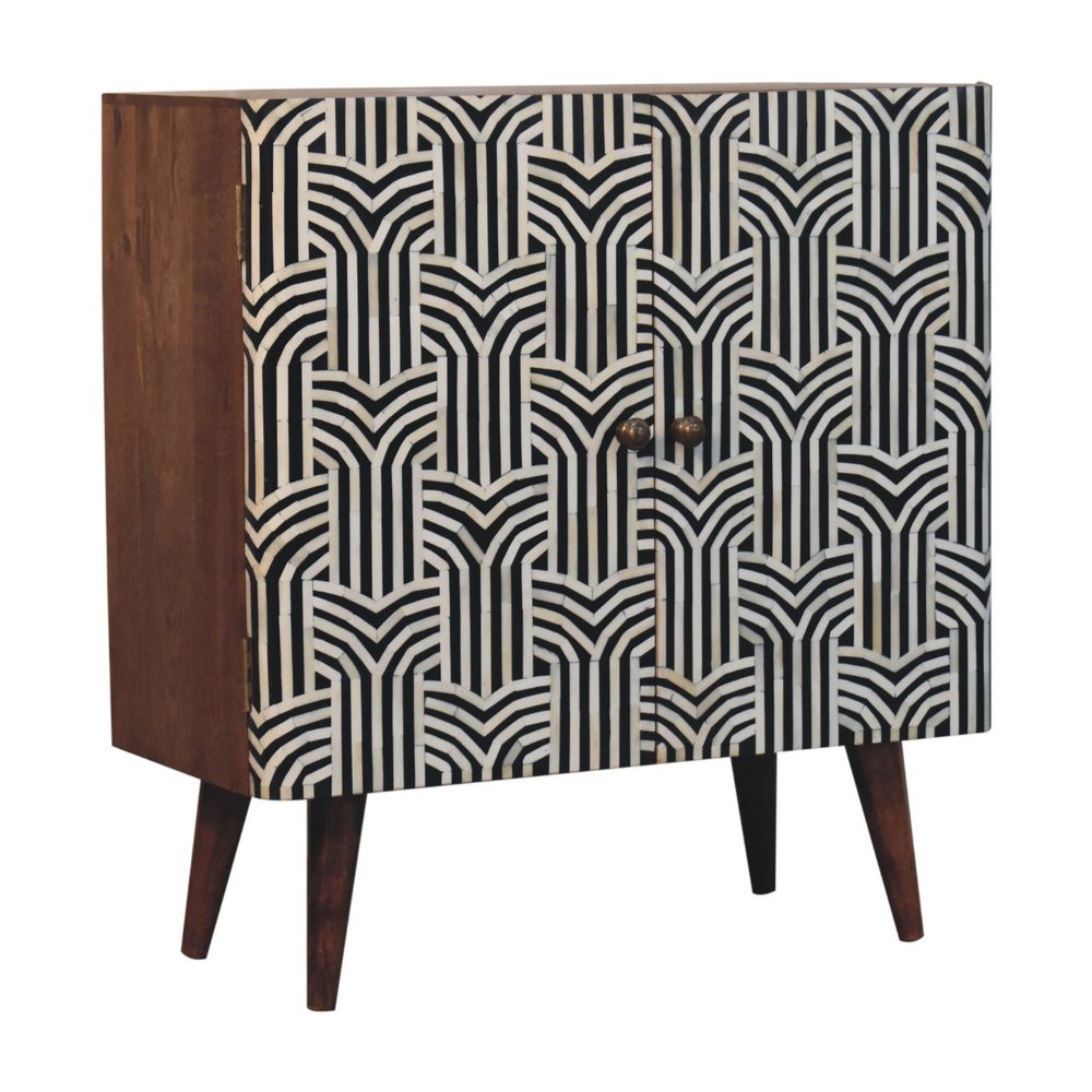 32" Brown Black and White Solid Wood And Inlaid Bone Textured Accent Cabinet With Two Doors - FurniFindUSA