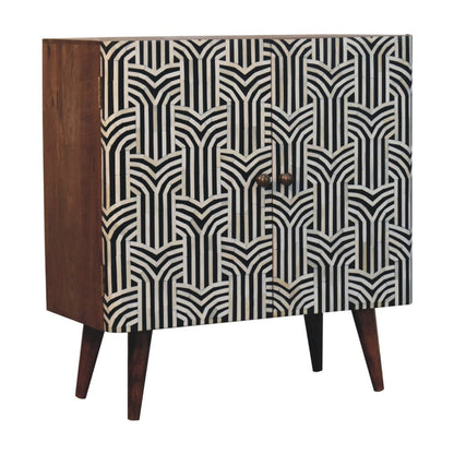 32" Brown Black and White Solid Wood And Inlaid Bone Textured Accent Cabinet With Two Doors - FurniFindUSA