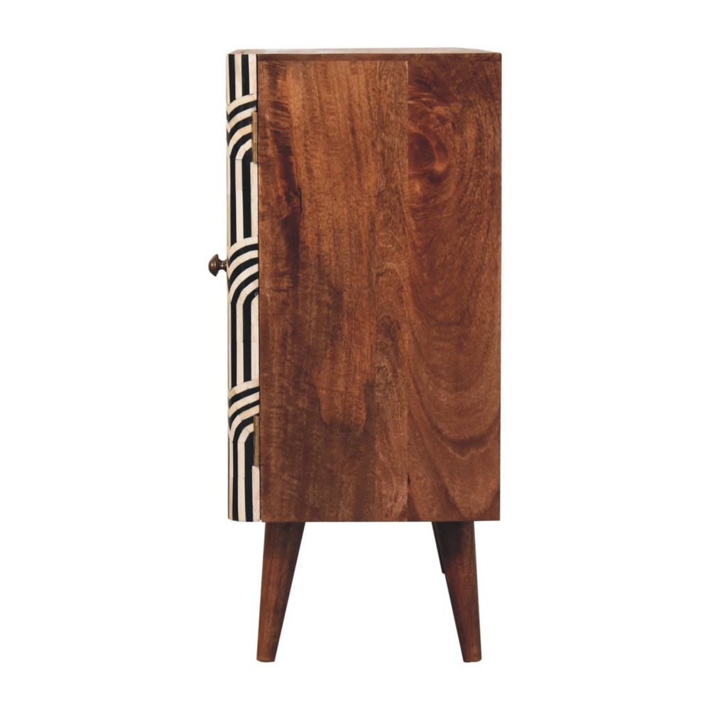 32" Brown Black and White Solid Wood And Inlaid Bone Textured Accent Cabinet With Two Doors - FurniFindUSA