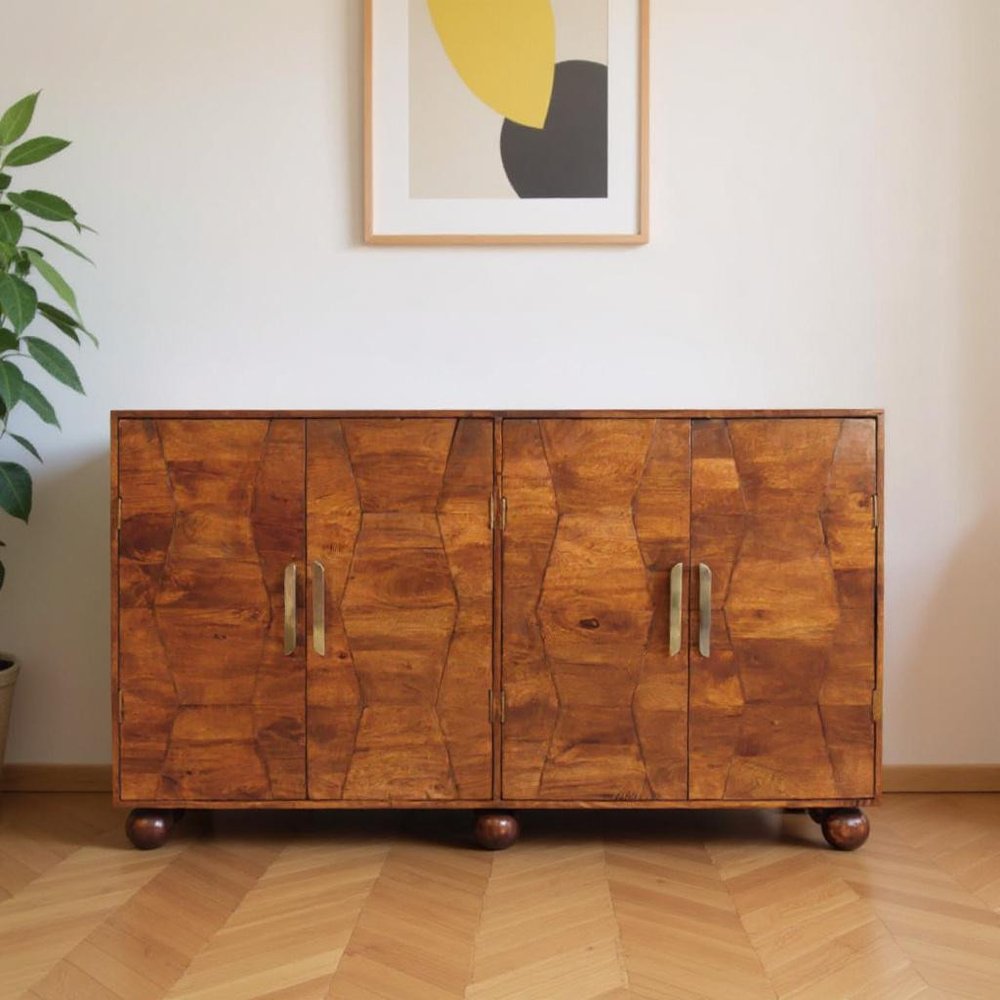 36" Chestnut Solid Wood Carved Geometric Accent Cabinet With Four Doors HomeRoots