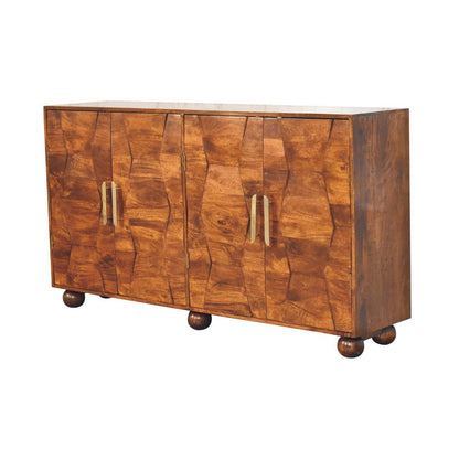 36" Chestnut Solid Wood Carved Geometric Accent Cabinet With Four Doors HomeRoots