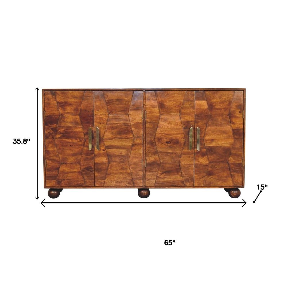 36" Chestnut Solid Wood Carved Geometric Accent Cabinet With Four Doors HomeRoots