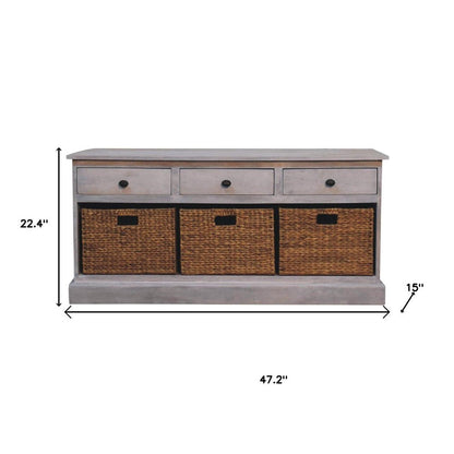47" White and Natural Solid Wood Basket Storage Accent Cabinet With Three Drawers HomeRoots