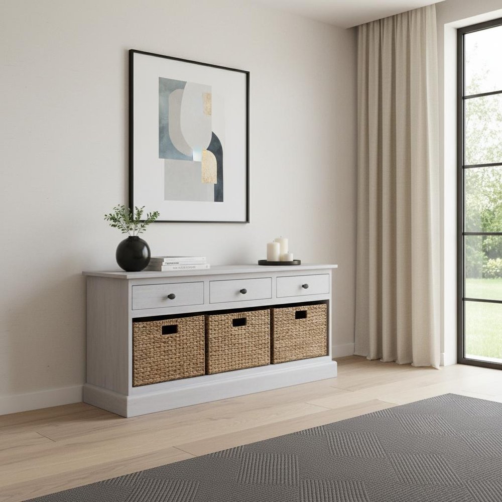 47" White and Natural Solid Wood Basket Storage Accent Cabinet With Three Drawers HomeRoots