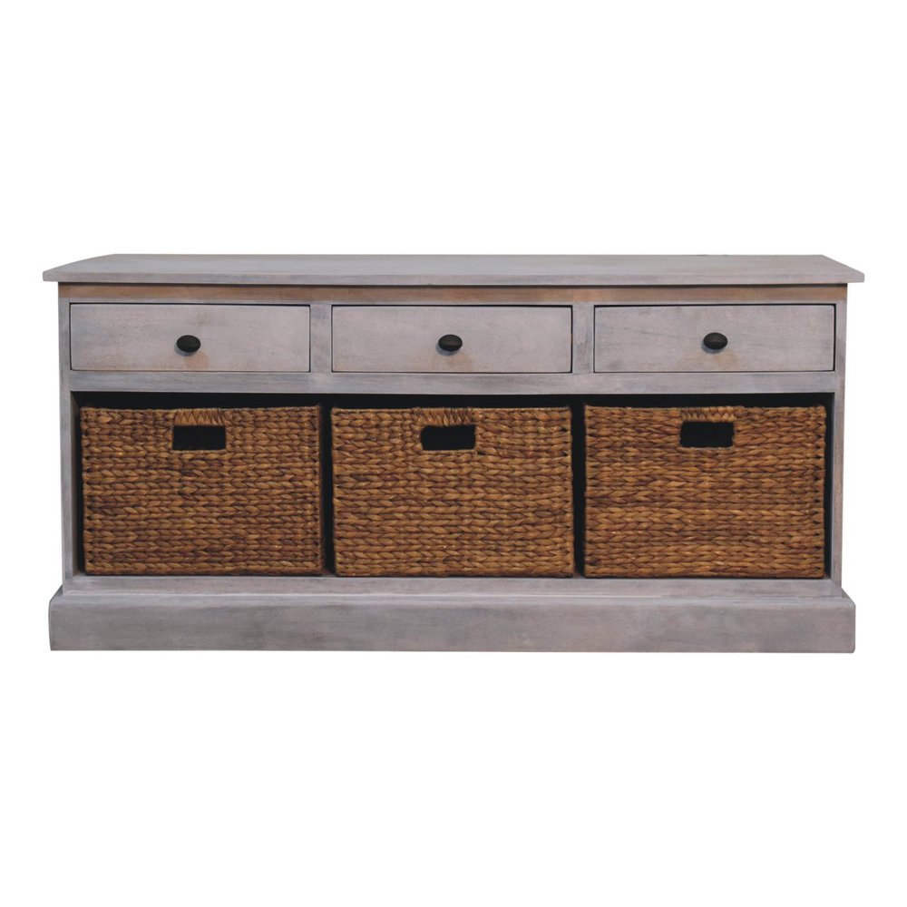 47" White and Natural Solid Wood Basket Storage Accent Cabinet With Three Drawers HomeRoots