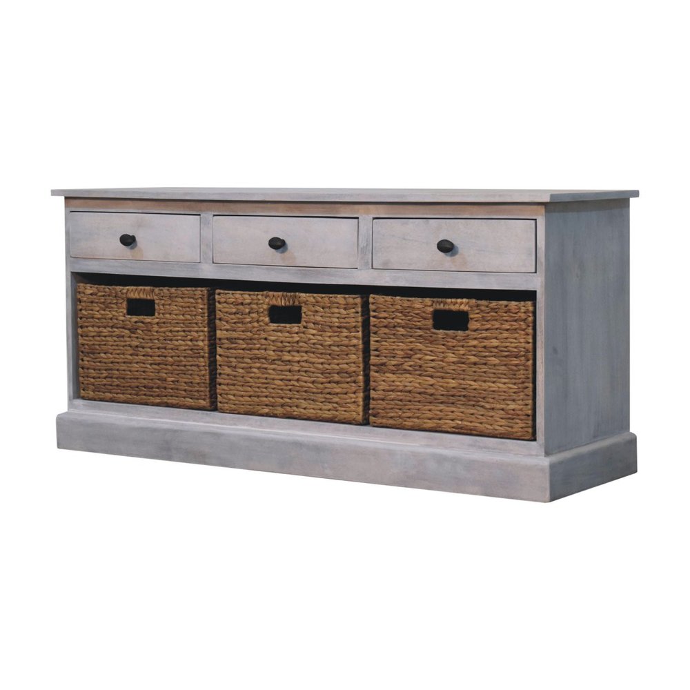 47" White and Natural Solid Wood Basket Storage Accent Cabinet With Three Drawers HomeRoots