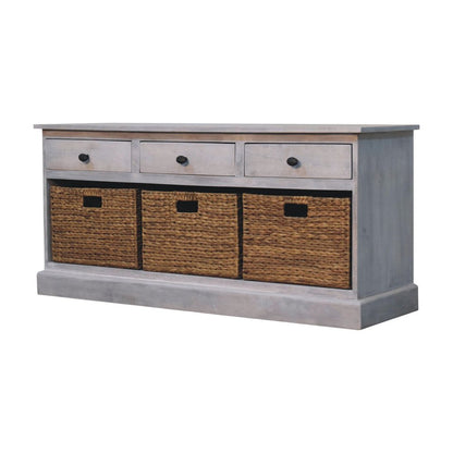 47" White and Natural Solid Wood Basket Storage Accent Cabinet With Three Drawers HomeRoots