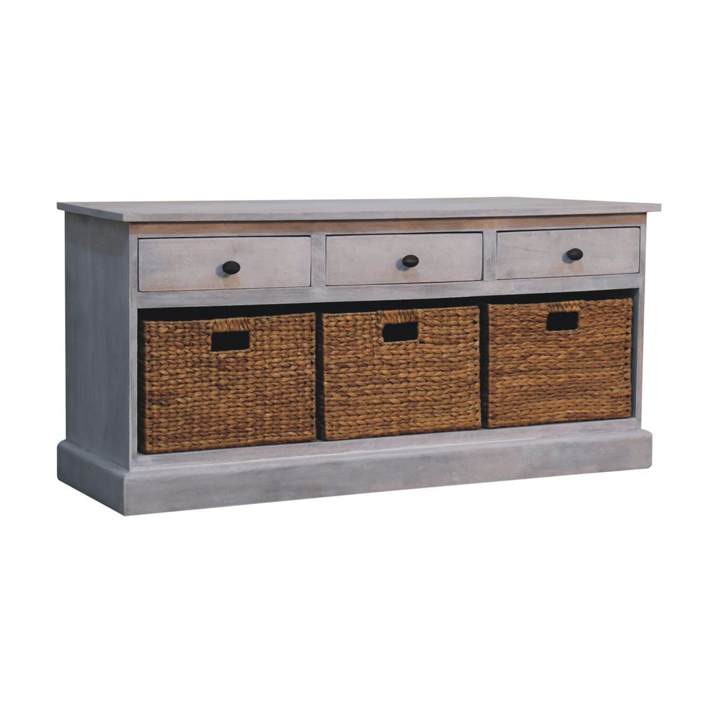 47" White and Natural Solid Wood Basket Storage Accent Cabinet With Three Drawers HomeRoots