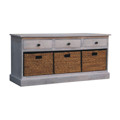 47" White and Natural Solid Wood Basket Storage Accent Cabinet With Three Drawers HomeRoots